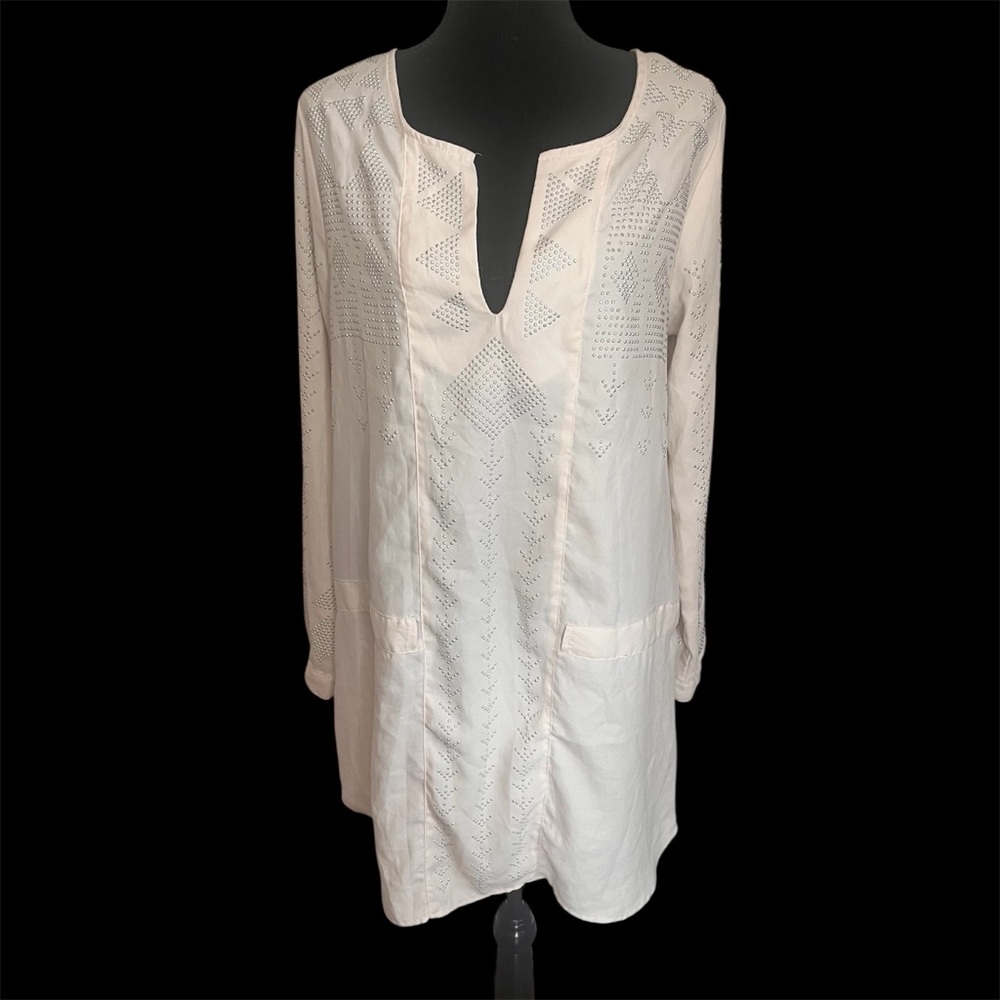 Rubber Ducky Rhinestone Shift Dress Cream Silver Sz M USA Made Long Sleeve Vneck